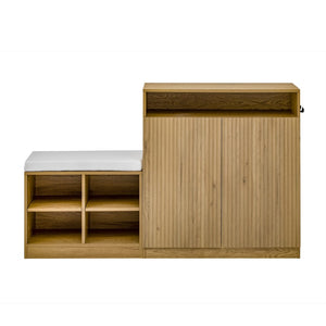 English Elm U_style Entryway Console Set with Wavy Doors Cushioned Bench and Adjustable Shoe Storage N711P345166O