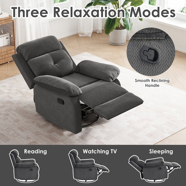 English Elm Small Rocker Swivel Recliner Chair with 360° Swivel, 30° Rocking & Adjustable Recline for Comfort Dark Gray T3623P379695