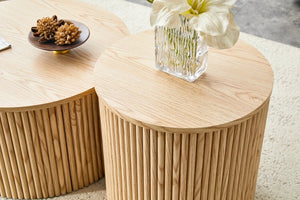 English Elm 2-piece Round Nesting Tables with Fluted Column Base Hidden Storage Oak Grain Finish Wood W3875P396797