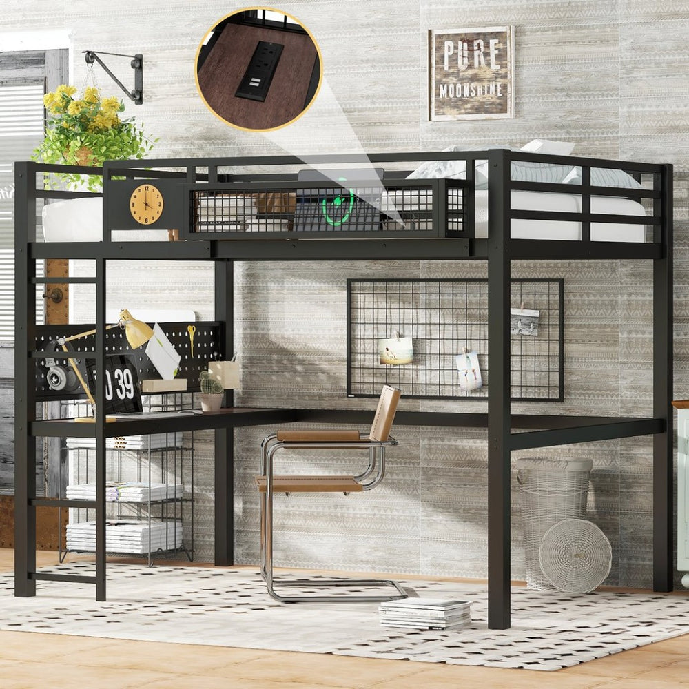 English Elm Twin Xl Solid Pine Loft Bed with Built-in Led Lighting and Storage Shelves W1580S00376