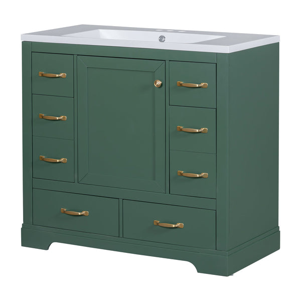 English Elm 36" Modern Bathroom Vanity with Ceramic Sink, Six Drawers, Adjustable Shelf, Solid Wood Build Green SY999808AAF-6