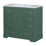 English Elm 36" Bathroom Vanity With Sink Combo, Six Drawers, Multi-Functional Drawer Divider, Adjustable Shelf, Green