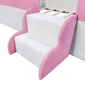 English Elm Twin Upholstered Daybed Frame with Fence & Stairs in Pink+White, PU Comfort, 10 Slats, 300lb Capacity SF000153AAH