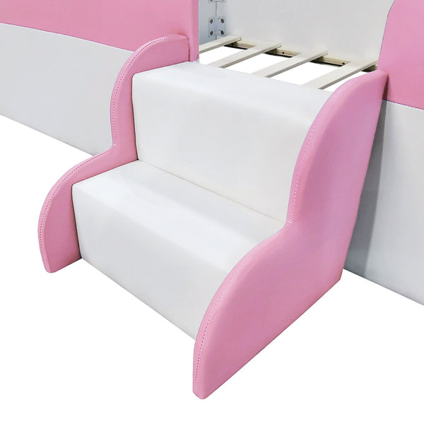 English Elm Twin Upholstered Daybed Frame with Fence & Stairs in Pink+White, PU Comfort, 10 Slats, 300lb Capacity SF000153AAH