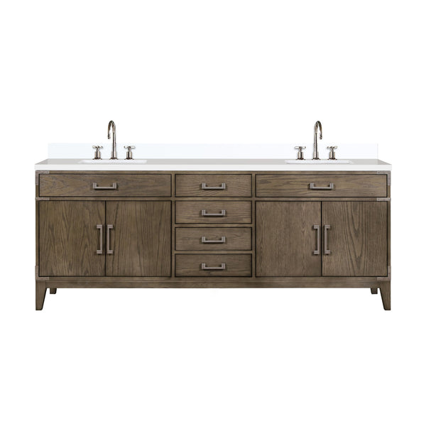 English Elm Laurel 84" Grey Oak Double Bath Vanity With White Quartz Top And Chrome Faucet Set For Modern Elegance B2731P259980