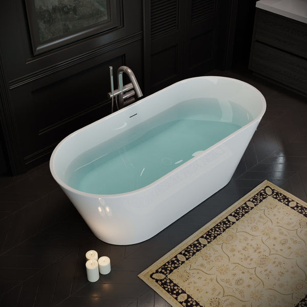 English Elm 60'' Oval Acrylic Soaking Tub Glossy White Freestanding Spa Bath with Chrome Drain W1920P351689