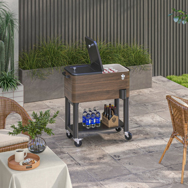 English Elm Outsunny Rolling Steel Beverage Cart Outdoor Cooler with Locking Wheels and Storage Shelf W2225P174310