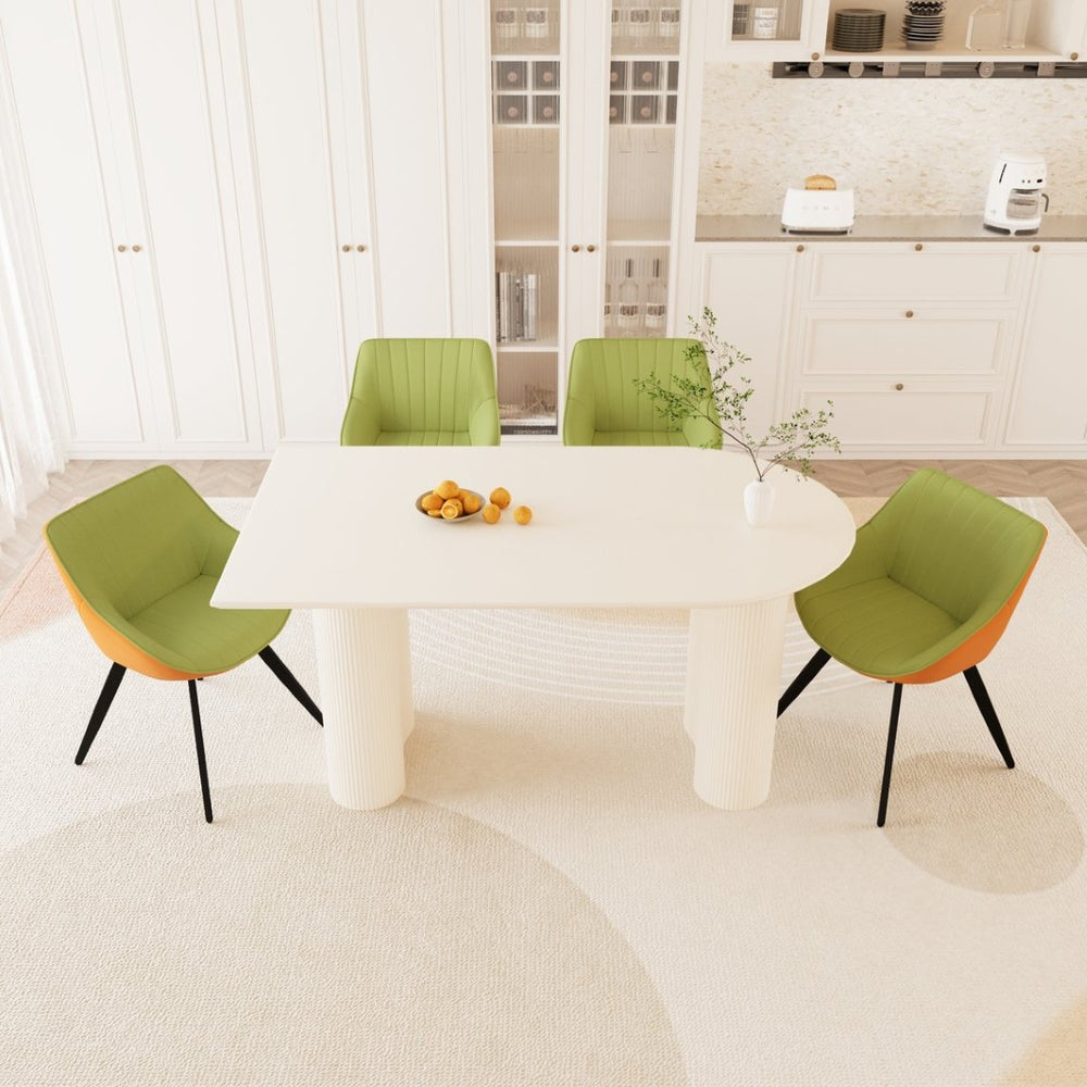 English Elm 63" Cream Mdf Dining Table Set with Carved Wave Legs and Beige Pu Upholstered Chairs White+Green W2189S00851