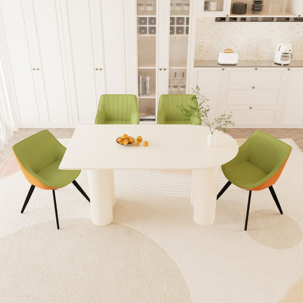 English Elm 63" Cream Mdf Dining Table Set with Carved Wave Legs and Beige Pu Upholstered Chairs White+Green W2189S00851