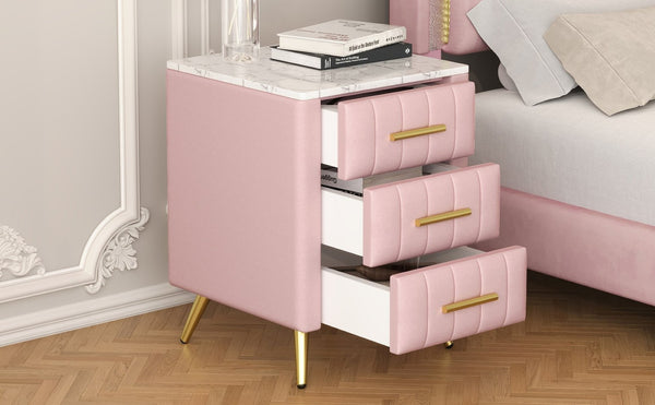 English Elm Upholstered Velvet Nightstand with Faux Marble Top Three Drawers and Slim Metal Legs Pink N733P208520H