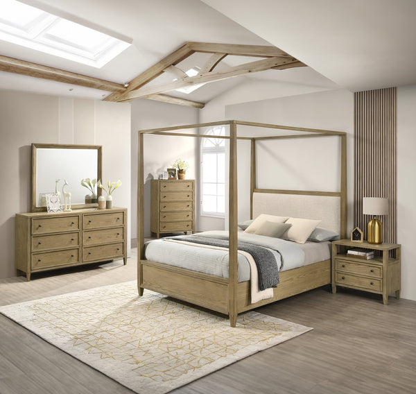 English Elm 1pc Rustic Charm Queen Bed with Soft Greige Finish, Natural Wood Grain Footboard Bench Panel Brown 88.81 L x 20.66 W x 7.36 H B2741S00262