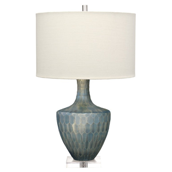 Jamie Young Co. Boa Hand Etched Glass Table Lamp with Linen Drum Shade and Mercury Finish Glamour 9BOATLINEG