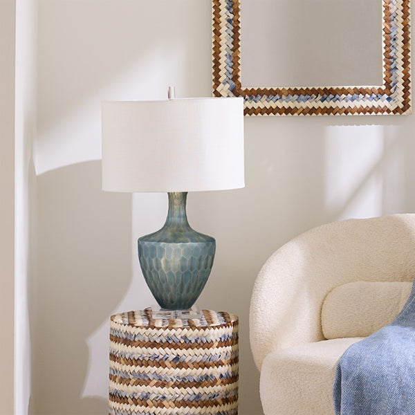 Boa Hand Etched Glass Table Lamp with Linen Drum Shade and Mercury Finish Glamour