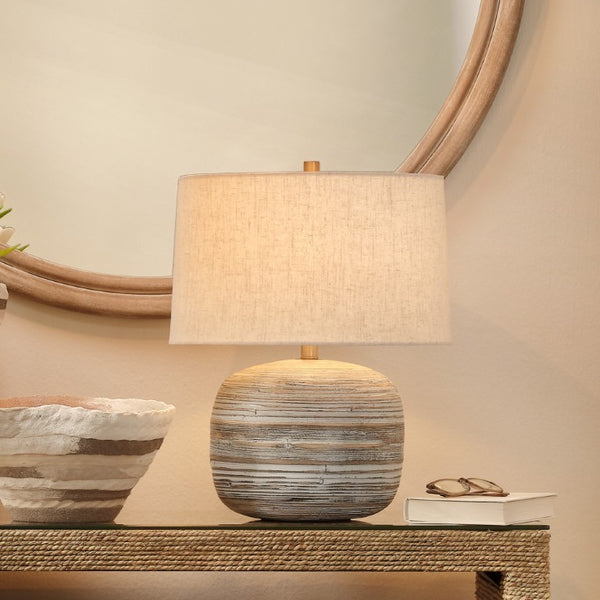 Cocoon Handcrafted Bamboo Table Lamp with Linen Drum Shade and Brass Accents