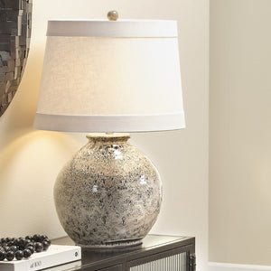 Vagabond Handcrafted Ceramic Table Lamp with Reactive Glaze and Linen Cone Shade