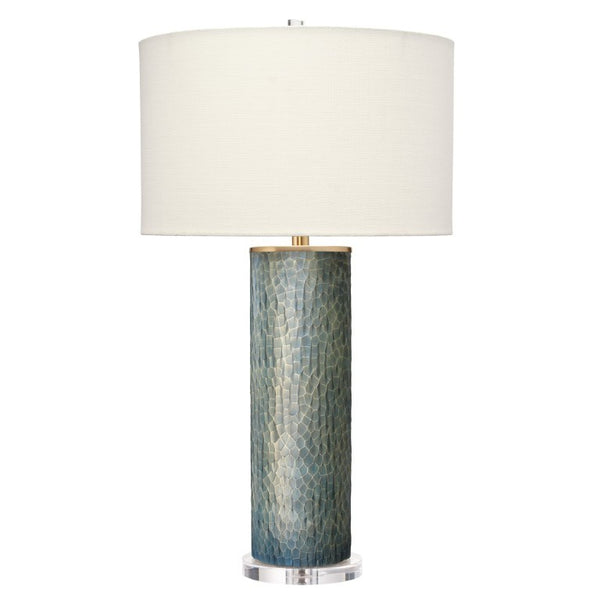 Jamie Young Co. Viper Hand Etched Glass Table Lamp with Linen Drum Shade and Mercury Finish 9VIPERTLINEG