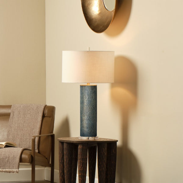 Viper Hand Etched Glass Table Lamp with Linen Drum Shade and Mercury Finish