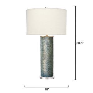 Viper Hand Etched Glass Table Lamp with Linen Drum Shade and Mercury Finish