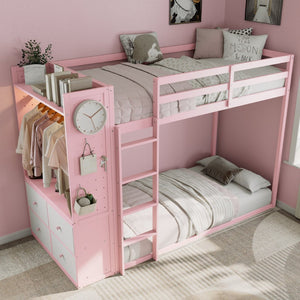 English Elm Twin Bunk Bed with Storage Drawers Hanging Rail Led Shelves and Pegboard Organizer Pink LT000282AAH