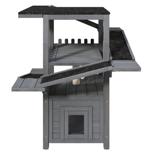 English Elm 4 Tier Outdoor Pine Cat Tower with Waterproof Roof Enclosed Den and Balcony Perch Grey N704P436318E