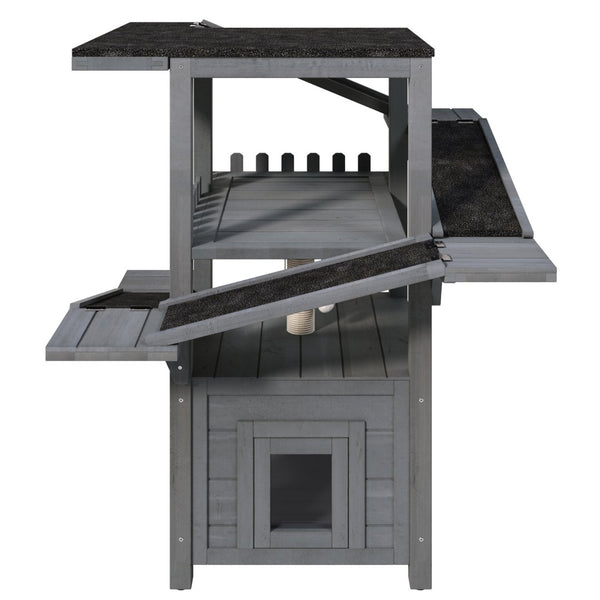English Elm 4 Tier Outdoor Pine Cat Tower with Waterproof Roof Enclosed Den and Balcony Perch Grey N704P436318E
