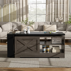 English Elm U-can Farmhouse Lift Top Coffee Table Barn Door Hidden Storage Living Room Brown+Black N724P351732E