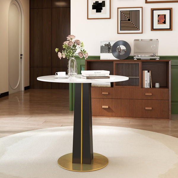 English Elm Modern Round Table - 85Cm White Sintered Stone Top With Black Wooden Legs & Gold Metal Base Design W1535S00590