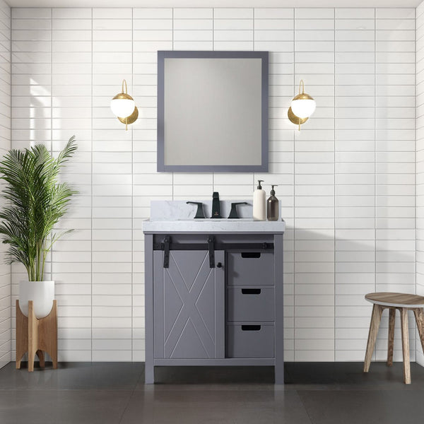English Elm Dark Grey Bath Vanity Set With Carrara Marble Countertop & Framed Mirror - Stylish Storage Solution B2731S00712