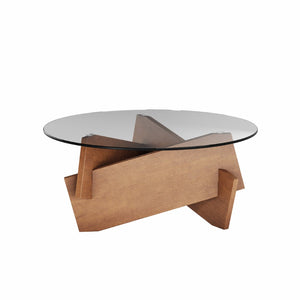 English Elm Modern Round Glass Top Coffee Table with Sculptural Wood Veneer Base for Living Room W2263P434052