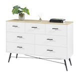 English Elm 7 Drawer Dresser For Bedroom With Deep Drawers, Wood Dressers & Chest Of Drawers, Modern White Long Dressers For Closet Living Room, 47.2"W X 15.7"D X 31.5"H, White & Oak