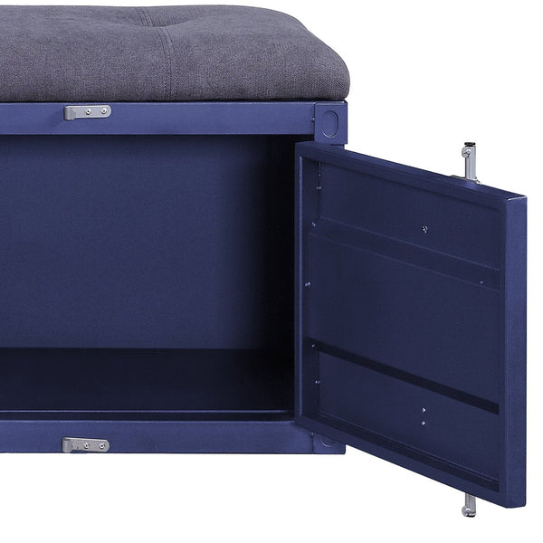 English Elm Grey Modern Industrial Storage Bench with Padded Grey Seat, Blue Metal Doors, Middle Shelf & Locking Cabinet B062P186445