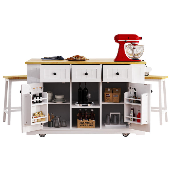 English Elm K&K 53" Large Kitchen Island with 2 Stools, Built-In Power Station, Wheels, Drop Leaf & Ample Storage White N707S000007W
