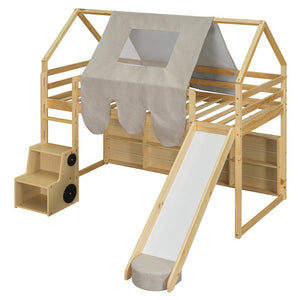 English Elm Twin House Loft Bed with Tent Canopy Slide and Shelves Pinewood Kids Frame Natural LT000682AAD-1