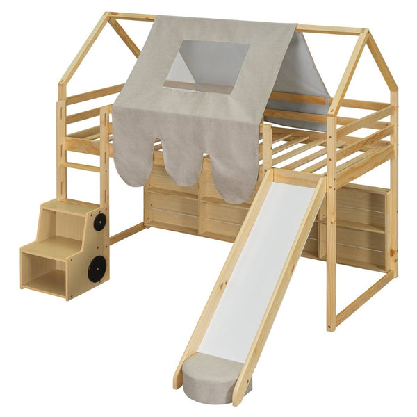 English Elm Twin House Loft Bed with Tent Canopy Slide and Shelves Pinewood Kids Frame Natural LT000682AAD