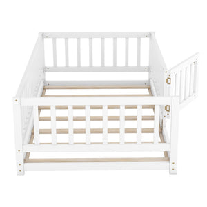 English Elm Twin Montessori Pine Floor Bed with Perimeter Fence Door and Slatted Base for Kids W1820P399071