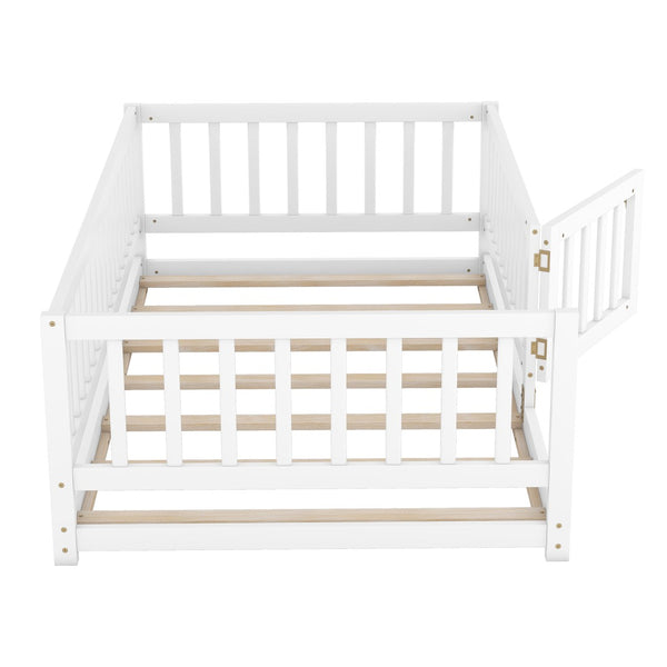 English Elm Twin Montessori Pine Floor Bed with Perimeter Fence Door and Slatted Base for Kids W1820P399071
