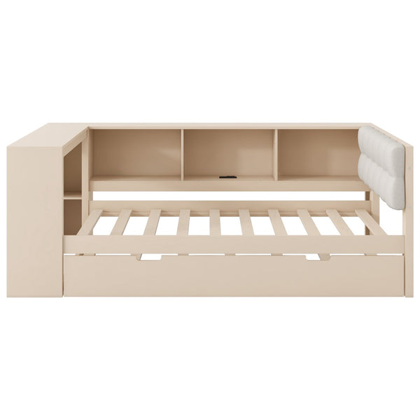 English Elm Wood Twin Platform Bed Linen Headboard Storage Shelves Trundle Charging Station Cream N709P004023C