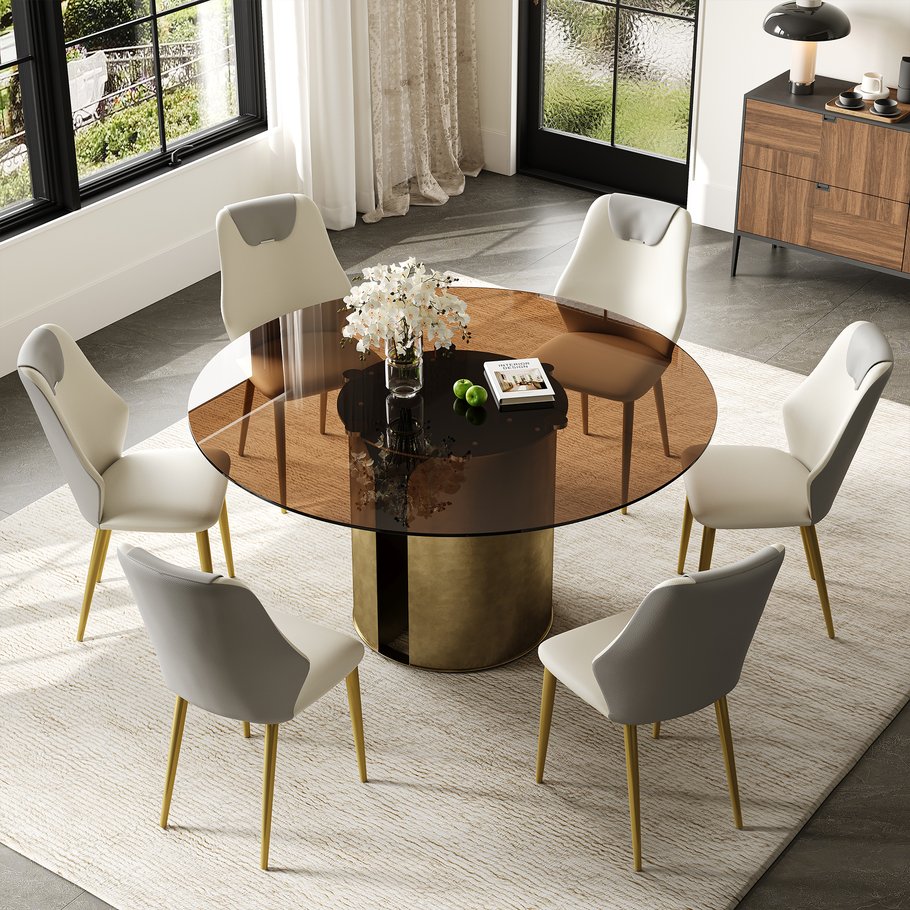 English Elm 59-Inch Modern Round Dining Table Set With 6 Chairs - Elegant Dark Brown Glass Top & Copper Legs W509S00147