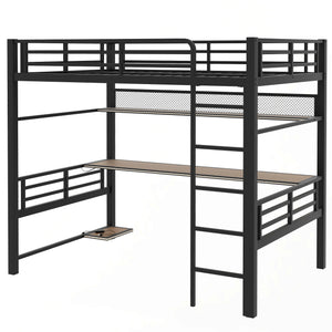 English Elm Full Size Metal Loft Bed Frame with Desk, LED Lights, Storage Shelves & Guardrails for Gamers DL002208AAB