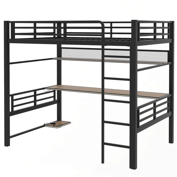 English Elm Full Size Metal Loft Bed Frame with Desk, LED Lights, Storage Shelves & Guardrails for Gamers DL002208AAB