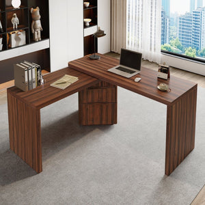 English Elm 90" Rotating L-shape Executive Desk Natural Melamine Mdf Surface Three Drawers Home Office Walnut N751S383638W