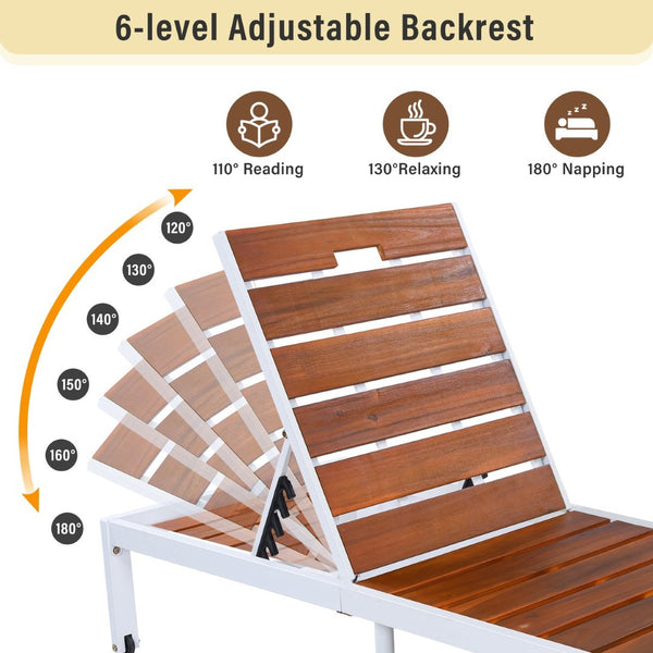 English Elm Outdoor Acacia Wood Slat Chaise Lounge with Powder Coated Frame for Patio Resort Brown,White N719P383161K