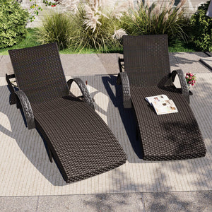English Elm K&K 80" Outdoor Wicker Chaise Lounge Set of 2 with 2000H UV Wicker, Pull-Out Side Table, 4-Position Recliner Dark Brown WF321204AAD