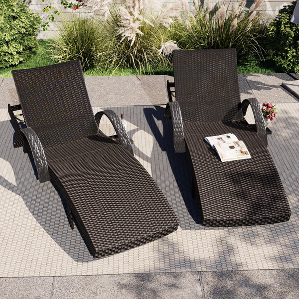 English Elm K&K 80" Outdoor Wicker Chaise Lounge Set of 2 with 2000H UV Wicker, Pull-Out Side Table, 4-Position Recliner Dark Brown WF321204AAD