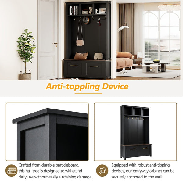 English Elm On-trend Entryway Hall Tree with Gold Hooks Bench Drawers and Shoe Cabinet Storage Black N721S000056B-1