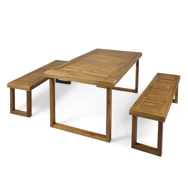 English Elm Christopher Knight Home® - Outdoor Acacia Wood Dining Set with Benches – Sandblast Natural Finish, Durable Weather-Resistant Tabletop 63892.00_62617.00