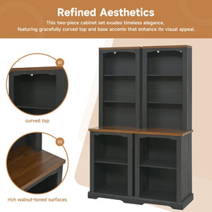 English Elm On-trend Two Piece Walnut Veneer Freestanding Bookcase Set with Curved Sculptural Black N721P394507B