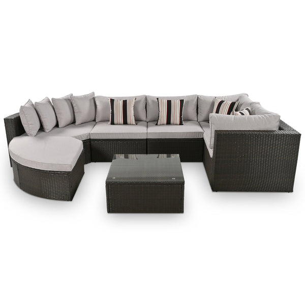 English Elm Go 7 Piece Outdoor Pe Wicker Sectional Set with Steel Frame and Striped Accent Pillows Brown FG201212AAA