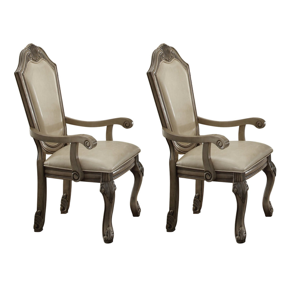 English Elm Antique Arched Back Arm Chairs Set of 2 with Welt-Trim Cushions, Queen Anne Floral Wood Legs, Cream Elegance B062P189080
