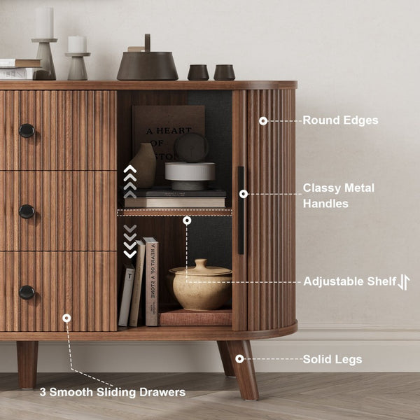English Elm Sideboard Fluted Credenza with Three Drawers Two Doors Matte Black Modern Storage Walnut T3773P417317